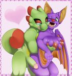  2017 anthro balls bat big_breasts blue_eyes bodyguard_position breast_grab breasts bubble_kitten17 chameleon clothed clothing countershading digital_media_(artwork) dipstick_tail duo erection female grabbing_from_behind green_eyes green_skin hand_on_breast hi_res laylee lizard male male/female mammal multicolored_tail muscular nipples nude open_mouth penis playtonic_games purple_skin reptile scalie sex simple_background smile standing tongue tongue_out topless video_games wings yellow_countershading yooka yooka-laylee 