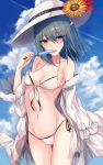  bangs bare_shoulders bikini blue_eyes breasts cloud cloudy_sky collarbone commentary_request day eyebrows_visible_through_hair flower food front-tie_bikini front-tie_top green_hair hair_between_eyes hat hat_flower hat_ribbon highres holding holding_food jacket jacket_over_swimsuit kinona long_hair medium_breasts original popsicle ribbon side-tie_bikini sky solo sun_hat swimsuit tongue tongue_out white_bikini white_jacket 