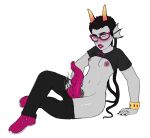  2018 animal_genitalia animal_penis big_penis black_bottomwear black_clothing black_hair black_topwear blush bracelet breasts clothed clothing dickgirl exposed_breasts eyewear fin fish_humanoid footwear front_view full-length_portrait glasses grey_skin hair holding_penis homestuck horn humanoid intersex jewelry lipstick makeup masturbation meenah_peixes ms_paint_adventures navel nipple_piercing nipples one_eye_closed pants pants_down partially_clothed penile_masturbation penis piercing portrait precum purple_nipples purple_penis rainbowsprinklesart raised_shirt shirt shoes simple_background sitting solo squint t-shirt tapering_penis tentacles troll_(homestuck) white_background 