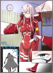  absurdres aqua_eyes ass bangs blue_eyes bodysuit breasts buchou_(kakitama) clock coat comic commentary_request cosplay covered_navel darling_in_the_franxx eyewear_removed glasses gloves hairband hand_on_eyewear highres horns indoors jacket_on_shoulders kakitama large_breasts long_hair one_eye_closed opaque_glasses original pilot_suit pink_hair red_bodysuit red_gloves walking wall_clock white_hairband zero_two_(darling_in_the_franxx) zero_two_(darling_in_the_franxx)_(cosplay) 