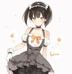  bare_shoulders black_hair black_neckwear blush bow bowtie character_name closed_mouth commentary_request gloves grey_background grey_eyes grey_skirt hairband high-waist_skirt kanna_(kanna_channel) kanna_channel lolita_hairband looking_at_viewer lpip orange_neckwear skirt skirt_hold solo standing suspender_skirt suspenders twintails upper_body virtual_youtuber white_gloves 