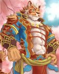 2017 abs absurd_res anthro biceps blue_eyes claws clothed clothing feline fur hi_res lin_hu male mammal muscular muscular_male nekojishi sky solo stripes tiger tree tupidwithouts 