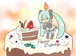  birthday cake candle chibi fire flame food fruit hatsune_miku in_food long_hair minigirl pastry sangatsu_youka solo standing strawberry twintails very_long_hair vocaloid 