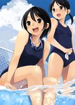  :d black_eyes black_hair chain-link_fence cloud day fence from_below goggles goggles_around_neck looking_afar multiple_girls one-piece_swimsuit open_mouth original oryou outdoors pool poolside school_swimsuit shiny shiny_skin sitting sky smile soaking_feet swimsuit water wet 