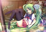  dxlsmax_(lizhimin) green_hair hatsune_miku long_hair school_uniform serafuku sitting skirt solo thighhighs twintails very_long_hair vocaloid zettai_ryouiki 