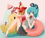  alternate_hairstyle aqua_eyes aqua_hair ayu_(mog) bad_id bad_pixiv_id barefoot doughnut food fruit hatsune_miku legs long_hair navel pillow ponytail popsicle rubber_duck solo strawberry vocaloid 