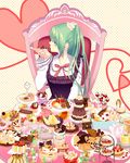  aqua_hair cake candy chair cookie eating feast food frills fruit glass green_eyes green_hair hatsune_miku jar lollipop long_hair macaron plate pocky pudding rozer sitting solo strawberry sweets table tiered_tray tray upper_body vocaloid 