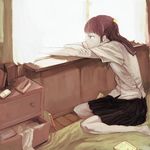  bad_id bad_pixiv_id barefoot book brown_hair drawer expressionless indoors long_hair looking_afar looking_out_window mo-mo-ride original room school_uniform seiza serafuku shel sitting skirt solo speaker wariza window windowsill 