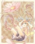  :o bad_id bad_pixiv_id black_ribbon blonde_hair blue_eyes blush boots bracelet checkered checkered_background falling flower full_body hair_ribbon jewelry legs_up long_hair open_mouth original petals ribbon simple_background solo twintails very_long_hair yamiko 