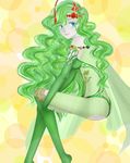  blue_eyes boots breasts cape cleavage detached_sleeves final_fantasy final_fantasy_iv final_fantasy_iv_the_after green_footwear green_hair green_leotard hair_ornament leotard long_hair medium_breasts older rydia see-through smile solo thigh_boots thighhighs ukine very_long_hair 