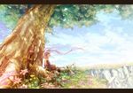  1girl against_tree asbel_lhant bad_id bad_pixiv_id brown_hair closed_eyes couple day field flower grass head_wreath hetero landscape lap_pillow long_hair lying nature on_back purple_hair ritttz scenery short_hair sitting sky sleeping sophie_(tales) sword tales_of_(series) tales_of_graces tree twintails weapon wind 