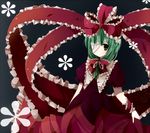  bad_id bad_pixiv_id bandage_over_one_eye bandages blush front_ponytail green_hair hair_ribbon highres kagiyama_hina rairateru ribbon solo touhou 