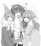  asahina_mikuru bad_id bad_pixiv_id book bookmark coat down_jacket greyscale hair_ribbon hat kita_high_school_uniform long_hair monochrome multiple_girls nagato_yuki party_hat ribbon sato_unta school_uniform serafuku short_hair suzumiya_haruhi suzumiya_haruhi_no_yuuutsu thighhighs 