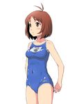  adjusting_clothes adjusting_swimsuit antenna_hair blush brown_eyes brown_hair covered_navel hidaka_ai idolmaster idolmaster_dearly_stars minazuki_tsuyuha name_tag one-piece_swimsuit parted_lips school_swimsuit short_hair simple_background solo swimsuit white_background 