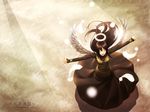  black_dress black_hair closed_eyes dress edo_tatsuki feathers from_above haibane_renmei halo highres long_dress long_hair outstretched_arms reki solo spread_arms wallpaper wings 