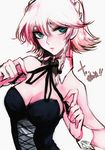  animal_ears blue_eyes bow braid breasts bunny_ears bunnysuit character_name cleavage corset face izayoi_sakuya large_breasts maid_headdress neck_ribbon pink_hair ribbon short_hair solo sweatdrop tima touhou untying upper_body white_hair 