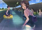  5girls ass bag bikini brown_hair cellphone flood green_eyes hashi highres innertube multiple_boys multiple_girls one-piece_swimsuit original partially_submerged phone school_swimsuit short_hair swimsuit train_station twintails wading water 