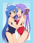  ahoge blue_eyes blue_hair casual_one-piece_swimsuit green_eyes hiiragi_kagami hug izumi_konata long_hair lucky_star mel_(melty_pot) mole mole_under_eye multiple_girls name_tag one-piece_swimsuit purple_hair school_swimsuit swimsuit twintails 