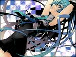  aqua_eyes aqua_hair arms_up bad_id bad_pixiv_id checkered checkered_background dress hatsune_miku long_hair necktie sakanahen short_dress solo twintails very_long_hair vocaloid 