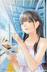  anegasaki_nene bare_arms brown_eyes brown_hair collarbone copyright_name long_hair love_plus love_plus_plus mino_tarou mole mole_under_eye official_art pointing scan smile solo tactile_paving train_station 