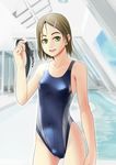  absurdres bad_id bad_pixiv_id brown_hair competition_swimsuit goggles green_eyes highleg highleg_swimsuit highres one-piece_swimsuit pool raybar short_hair solo swim_cap swimsuit wet 