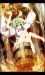  bad_id bad_pixiv_id barefoot border bucket green_eyes green_hair hair_bobbles hair_ornament highres in_bucket in_container japanese_clothes kisume legs looking_at_viewer magic_circle open_mouth sakurame smile solo teenage touhou twintails wooden_bucket 