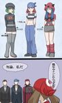  4girls aogiri_(pokemon) babydoll_t-shirt bad_id bad_pixiv_id blush boots clothes_writing crop_top haruka_(pokemon) hat leg_warmers matsubusa_(pokemon) midriff miniskirt multiple_boys multiple_girls navel pokemon pokemon_(game) pokemon_gsc pokemon_rse ryokuso_(rksu06) sakaki_(pokemon) shirt skirt striped striped_shirt team_aqua team_aqua_grunt team_magma team_magma_grunt team_rocket team_rocket_grunt thigh_boots thighhighs translated uniform zettai_ryouiki 