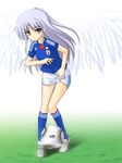  2010_fifa_world_cup adidas angel_beats! ball blue_hair jabulani japan long_hair masakichi_(crossroad) product_placement soccer_ball soccer_uniform solo sportswear tenshi_(angel_beats!) wings world_cup yellow_eyes 