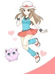  bare_shoulders blue_(pokemon) blue_eyes brown_eyes brown_hair em_(tegaki) gen_1_pokemon hat heart jigglypuff jumping kneehighs long_hair loose_socks pokemon pokemon_(creature) pokemon_(game) pokemon_frlg porkpie_hat sidelocks simple_background skirt smile socks tegaki white_background wristband 