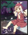  animal_ears arms_up bad_id bad_pixiv_id barefoot brown_eyes feet hat hidebo mystia_lorelei open_clothes open_shirt pink_hair river shirt short_hair sitting skirt soaking_feet solo splashing touhou water wings 