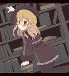  black_legwear blonde_hair blush book bookshelf brown_eyes glasses hat kneeling letterboxed long_hair looking_back outstretched_arm oza_watto pantyhose reaching sekaiju_no_meikyuu sekaiju_no_meikyuu_3 solo zodiac_(sekaiju) 