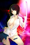  4gb4tb bad_id bad_pixiv_id black_hair bob_cut breasts cleavage durarara!! glasses kneeling large_breasts no_bra open_clothes open_shirt panties pleated_skirt red_eyes shirt short_hair skirt solo sonohara_anri sword torn_clothes underwear weapon 