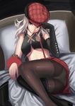  alisa_ilinichina_amiella ass bed blue_eyes boots breasts crotch_seam elbow_gloves gloves god_eater god_eater_burst hat highres large_breasts legs majicjiang naughty_face panties panties_under_pantyhose pantyhose pillow seductive_smile shoes single_shoe single_thighhigh skirt smile solo suspender_skirt suspenders thigh_boots thighhighs underboob underwear white_hair 
