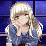  bangs blonde_hair blush casual cup glasses hand_on_own_cheek hand_on_own_face long_hair looking_at_viewer mushoku_no_hourousha night night_sky perrine_h_clostermann pov_across_table sky smile solo star_(sky) starry_sky strike_witches tea teacup window world_witches_series yellow_eyes 