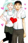  1girl blue_hair casual closed_eyes couple earrings heart hetero hinalogic hug jewelry masaki_tenchi oekaki ryouko_(tenchi_muyou!) shirt smile spiked_hair t-shirt tenchi_muyou! 