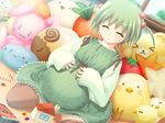  blush dress game_cg green_hair minna_daisuki_kozukuri_banchou pregnant smile solo stuffed_animal stuffed_toy twintails 