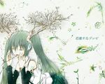  branch closed_eyes commentary hatsune_miku leaf long_hair plant shimo_(depthbomb) shiryosuru_zombie_(vocaloid) solo translated vocaloid 