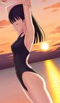  armpits arms_up bangs bare_arms black_hair breasts closed_eyes competition_swimsuit covered_nipples cowboy_shot dutch_angle from_side highleg highleg_swimsuit kuri_(kurigohan) long_hair medium_breasts ocean one-piece_swimsuit original outdoors profile skindentation solo speedo_(company) standing stretch sun sunset swimsuit water 