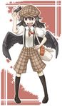  alternate_costume bad_id bad_pixiv_id bag black_hair black_legwear black_wings brown_eyes cabbie_hat camera face hand_on_hip hat kneehighs lie-lilac loafers looking_at_viewer low_wings open_mouth pigeon-toed plaid pointy_ears red_eyes satchel shameimaru_aya shoes short_hair short_sleeves shorts smile solo suspenders touhou wings 