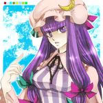  bow breasts crescent hair_bow hands hat large_breasts long_hair patchouli_knowledge purple_eyes purple_hair ryuuzaki_(ereticent) solo touhou 
