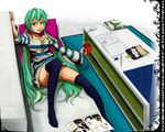  book couch cup digital_media_player dress earbuds earphones eraser food green_eyes green_hair hatsune_miku indoors ipod kinoukyouasita long_hair lying mug notebook pencil solo sweater sweater_dress thighhighs twintails very_long_hair vocaloid 