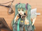  ag1eam ahoge bad_id bad_pixiv_id detached_sleeves green_eyes green_hair hatsune_miku headphones long_hair microphone necktie open_mouth pop_filter recording_studio sheet_music smile solo studio_microphone twintails vocaloid 
