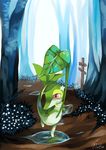  bad_pixiv_id english flower gen_5_pokemon leaf leaf_umbrella mooffin no_humans pokemon pokemon_(creature) puddle reflection sign signature snivy solo tree umbrella water 