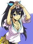  animal animal_on_head arm_up black_hair blue_eyes blush breasts cleavage earrings eyebrows_visible_through_hair ganaha_hibiki high_ponytail holding holding_animal hoop_earrings idolmaster idolmaster_(classic) jewelry long_hair looking_at_viewer looking_up michael necklace object_on_head on_head ponytail short_sleeves solo squirrel 