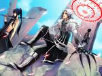  2boys allen_walker bandages black_hair d.gray-man kanda_yuu lenalee_lee long_hair multiple_boys short_hair sword udonnodu uniform weapon 