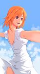  cloud day dress dress_lift from_behind looking_back open_mouth orange_hair original outstretched_arms outstretched_hand purple_eyes short_hair skirt sky smile solo white_skirt yuuji_(and) 