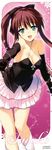  absurdres bare_shoulders black_gloves breasts brown_hair cleavage elbow_gloves gloves highres kawata_hisashi kisaragi_sayoko long_hair long_image medium_breasts open_mouth outstretched_arm outstretched_hand ponytail reaching solo stick_poster tall_image white_album 