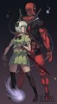  1girl back-to-back bad_anatomy bad_id bad_pixiv_id black_legwear bow bowtie crossover deadpool gloves grey_eyes hair_bow height_difference highres katana knife konpaku_youmu konpaku_youmu_(ghost) marvel midriff muscle shelly_(artist) silver_hair skirt sword thighhighs thighs touhou vest weapon zettai_ryouiki 