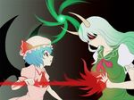  an-bl bad_id bad_pixiv_id bat_wings bleach blue_hair dress energy_ball energy_blade ex-keine glowing glowing_eyes green_hair horns kamishirasawa_keine long_hair lowres multiple_girls parody red_eyes remilia_scarlet short_hair touhou wings 