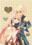  1girl blonde_hair blue_eyes blush brown_hair character_name emil_castagnier fang hair_ornament kai_aki long_hair marta_lualdi red_eyes scarf sepia_background smile tales_of_(series) tales_of_symphonia tales_of_symphonia_knight_of_ratatosk 